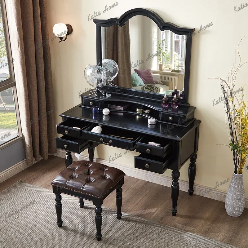FG Villa Black Wood Vanity Table Bedroom American Big Storage Mirror Dressing Table Makeup Desk Drawers Coiffeuse Furniture
