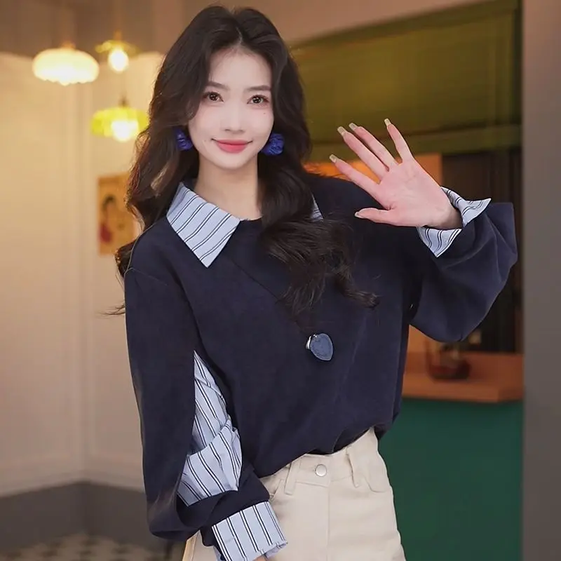 

Japanese Harajuku style Y2K spicy girl striped polo collar fake two-piece hoodie autumn women's casual patchwork trendy tops emo