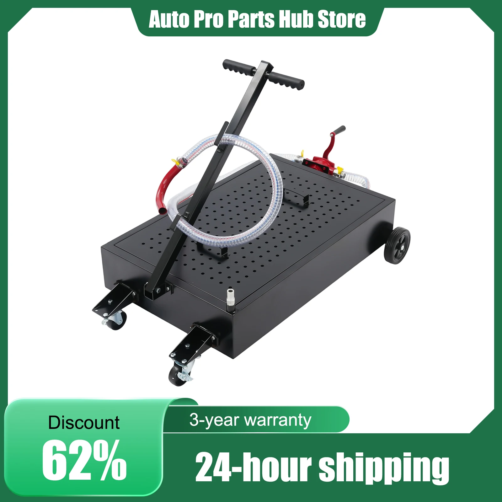 17Gal Large Oil Drain Pan, with Manual Rotary Pump, Garage Shop Coolant Fluid Drip Leak Ribbed Containment Tray, 4 Wheels