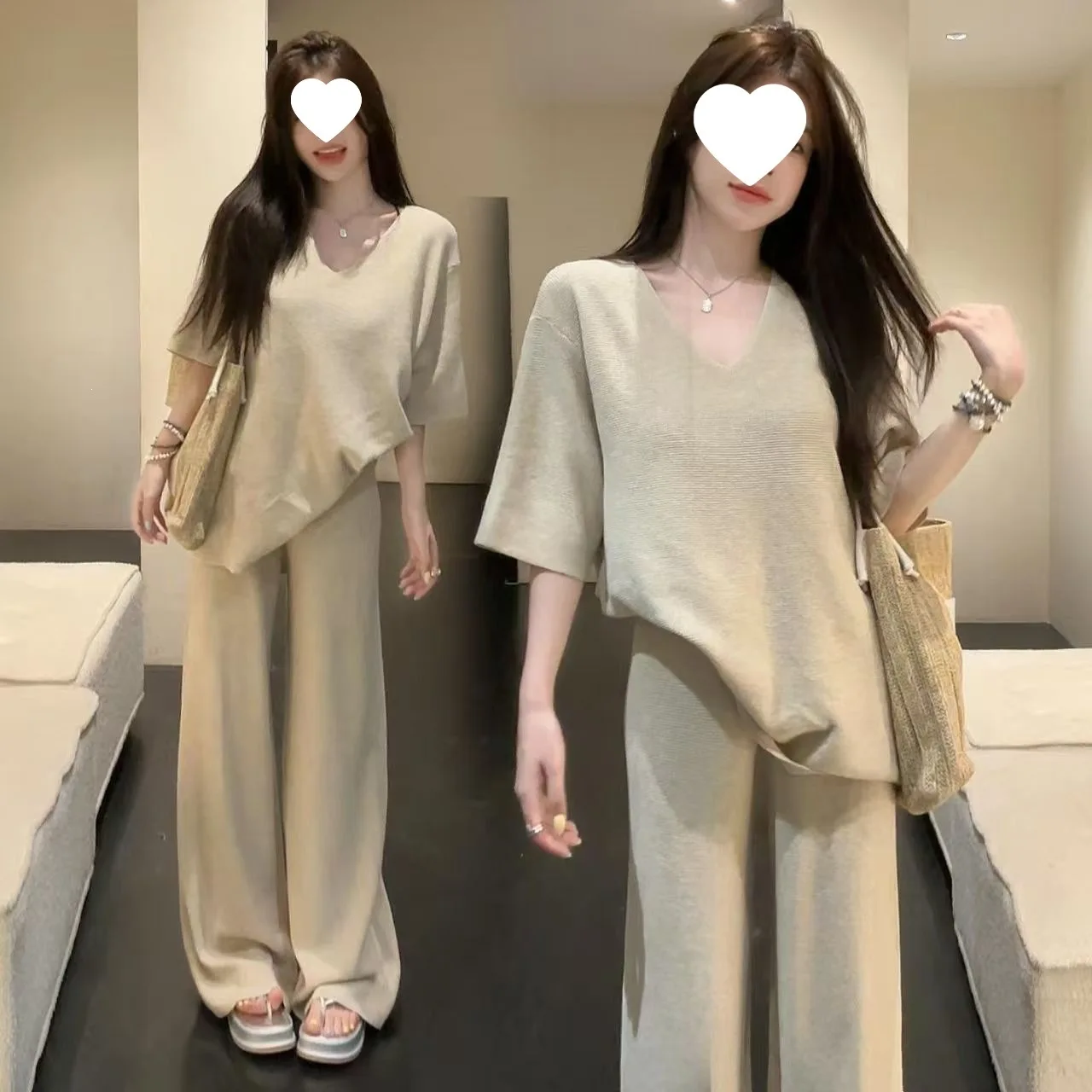 Summer New Loose Wide Leg Pants Women's Fashion Slimming Effect Casual Loose Feeling Short Sleeve Two Piece Set