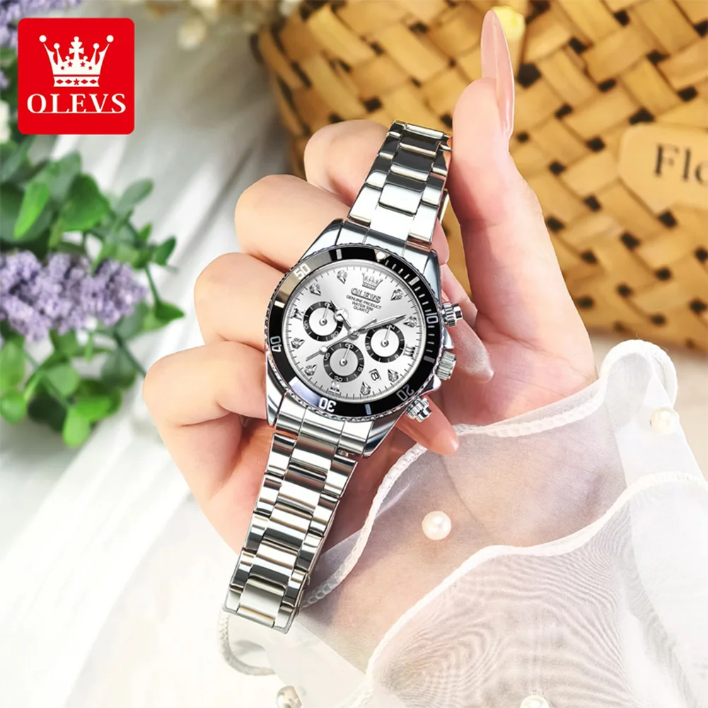 OLEVS Fashion Chronograph Quartz Watch Women's  Stainless Steel Waterproof Ladies Wrist Watches Luxury Date Women Dress Watch