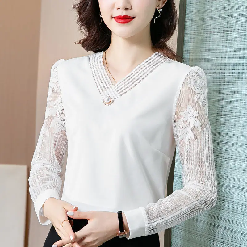 Office Lady Grace V-neck Beaded Shirt Lace Hook Flower Splice Mesh Long Sleeve Spring Blouses Women Fashion Wild Top Oversized