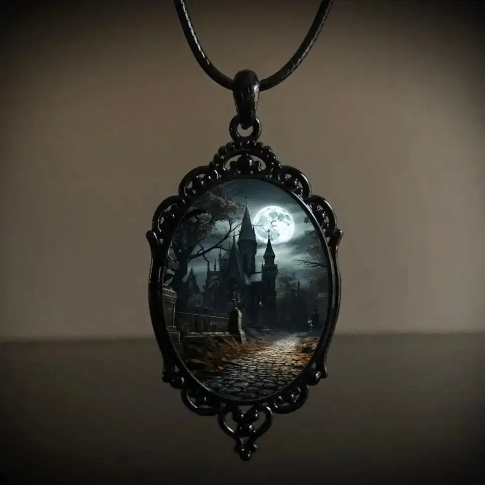 Gothic Retro Castle Cameo Necklace For Women Man Fashion Pagan witchcraft Jewelry Crow Bat Ruin Castle Cameo Rope Chain Necklace