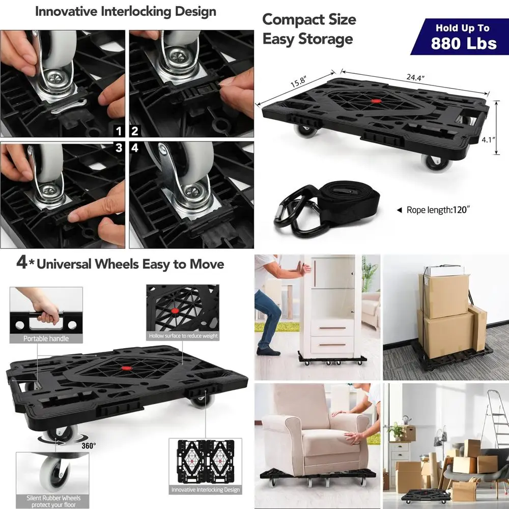 

2-Pack Heavy Duty Furniture Dolly, 22.4x15.8in, 880lbs Capacity, 120in Rope, Portable & Connectable, Black