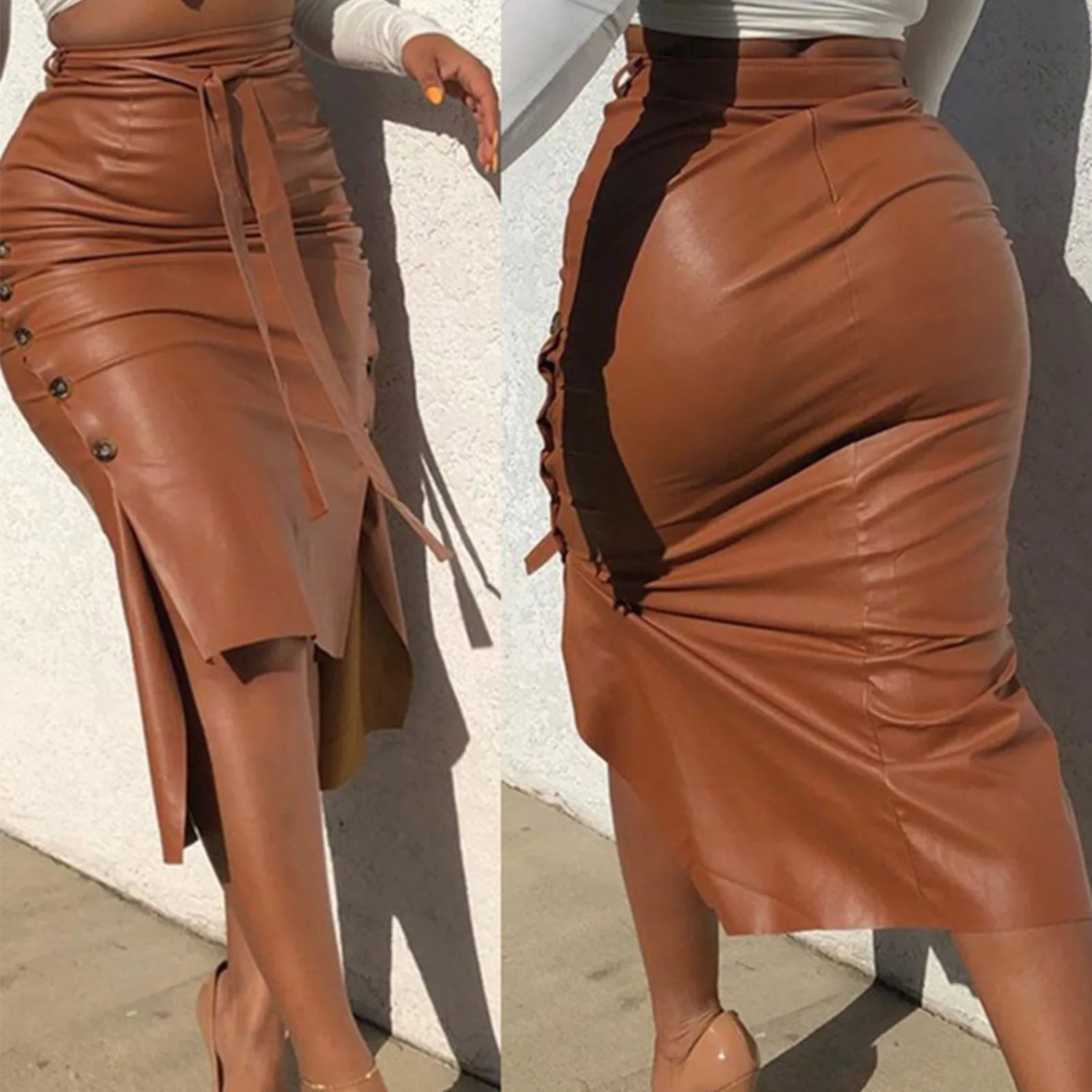 Faux Leather Pencil Skirt High Waist Split Lady's Half Body Midi Hip Skirt for Work Cocktail Party