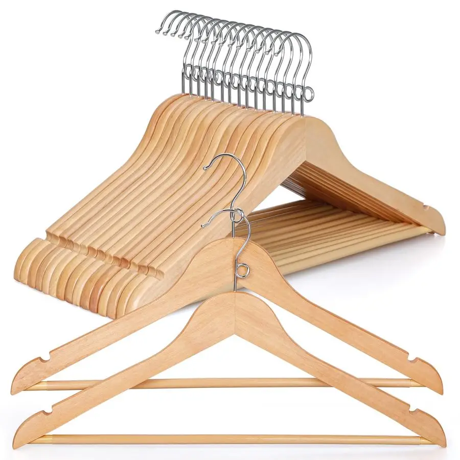

Wooden Hangers 30 Pack, Space Saving Coat Hanger with 360 Swivel Cascading Ring Hook, Non Slip Pants Bar and Shoulder Notches fo