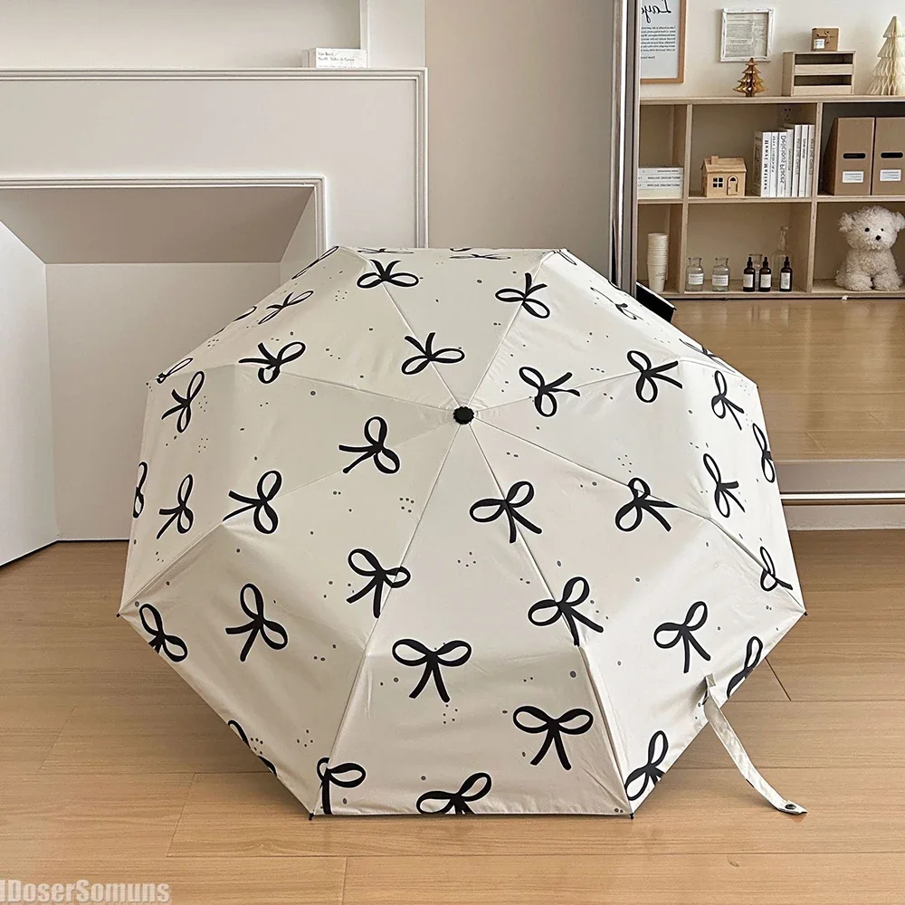 UV Protection Ladies Folding Umbrella Deluxe Bow Vinyl Umbrella Sun Protection Portable Compact and Exquisite Rain or Shine