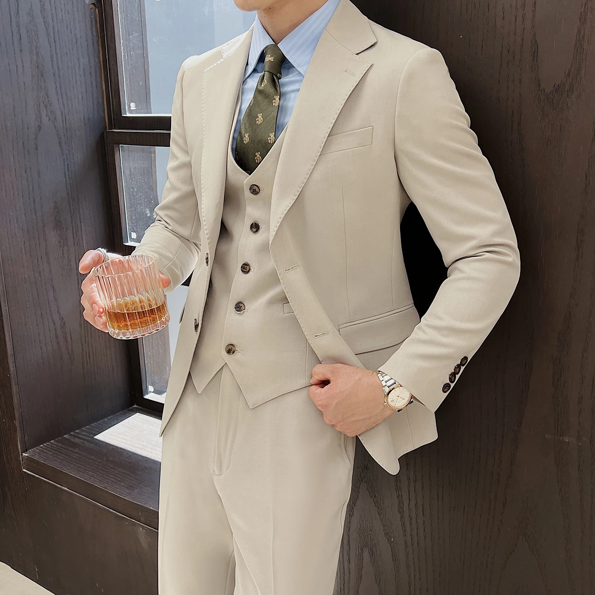 ( Jacket+Vest+Pants ) ltalian Style Luxury High-end Fashion Solid Color Mens Business Slim Suit 3Piece Set Groom Wedding Tuxedo