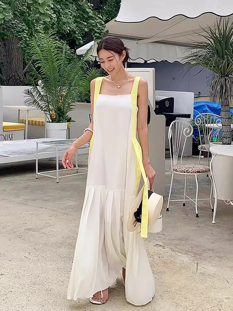 시크한 여름 젠틀한 분위기 컬러 블록 스트랩 스플라이스 플리츠 스커트 슬림핏 튜브탑 스트랩리스 드레스 하이웨이스트 롱 드레스
