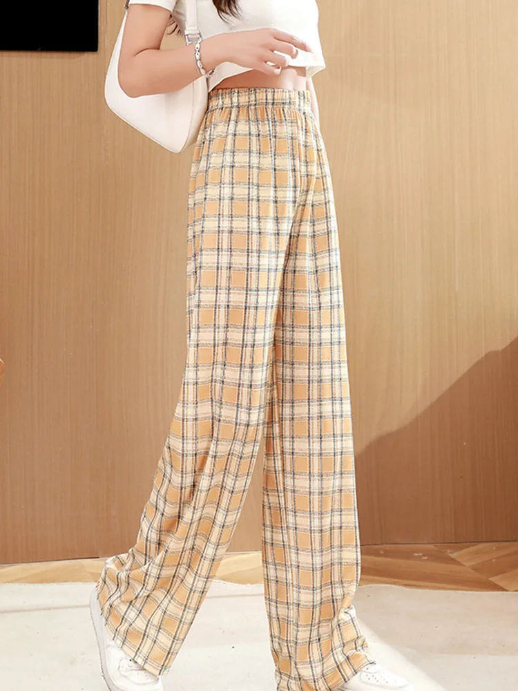 New Wide Leg Trousers Plaid Printed Summer Pants High Waist Loose Casual Office Oversize Joggers Sport Outfit Workout Female