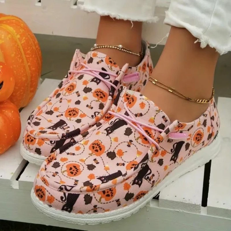 Women's Halloween Canvas Shoes Fashion Skeleton Floral Cat Printed Sneakers Large Size Round Head Lace Up Loafers Zapatos Mujer