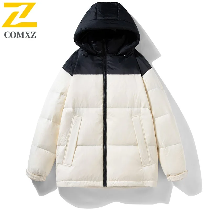 ​COMXZ 2025 Men Puffer Jacket Winter Thermal Windproof Korean Style Loose Fit Streetwear Parka with Detachable Hood​ Coat