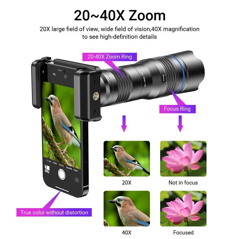 APEXEL 20-40X Telephoto Zoom Lens with Tripod 2