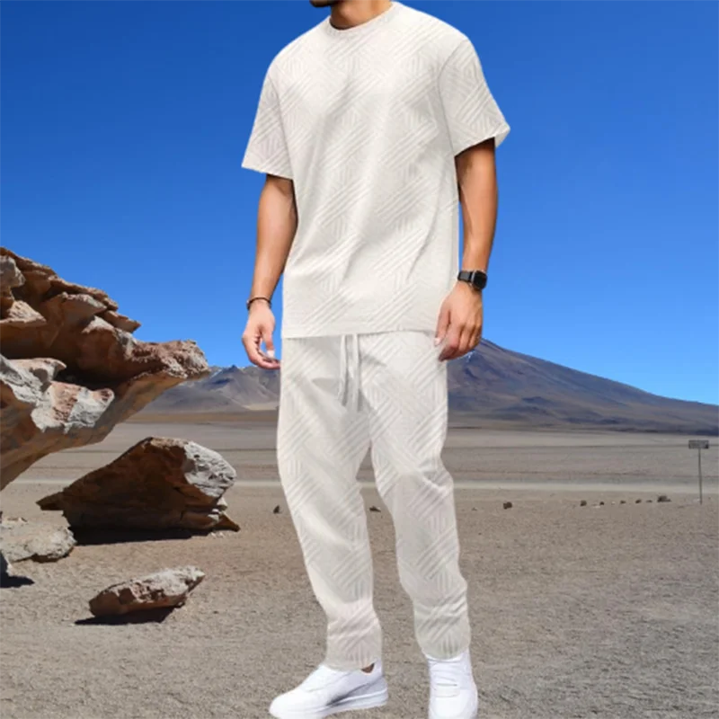 

Spring Summer Short Sleeve Tracksuits Casual Men Clothing Vintage Jacquard O Neck T Shirt And Pants Mens Two Piece Sets