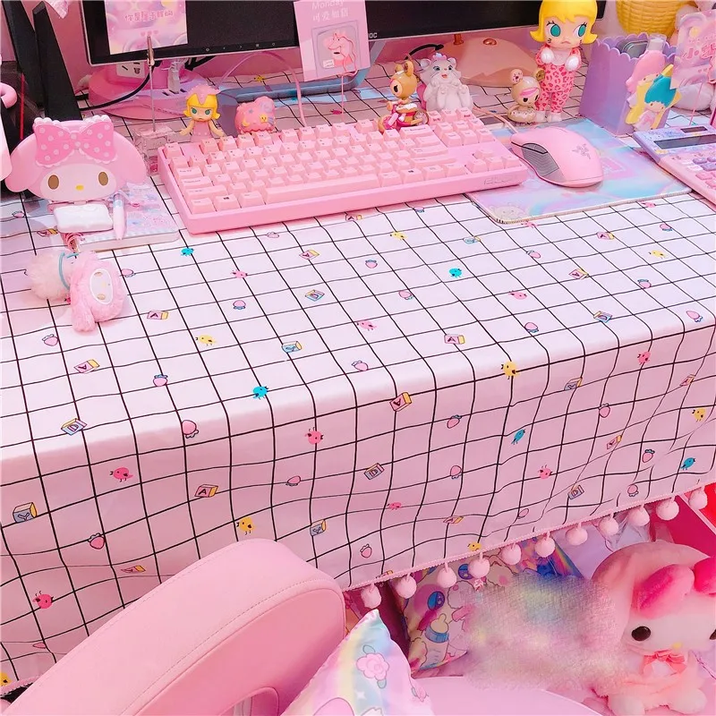 Pink Tea Table Tablecloth Cute Plaid Desk Cloth Dormitory Computer Wallpaper Table Mat Home Room Decoration Table Cover ZG06