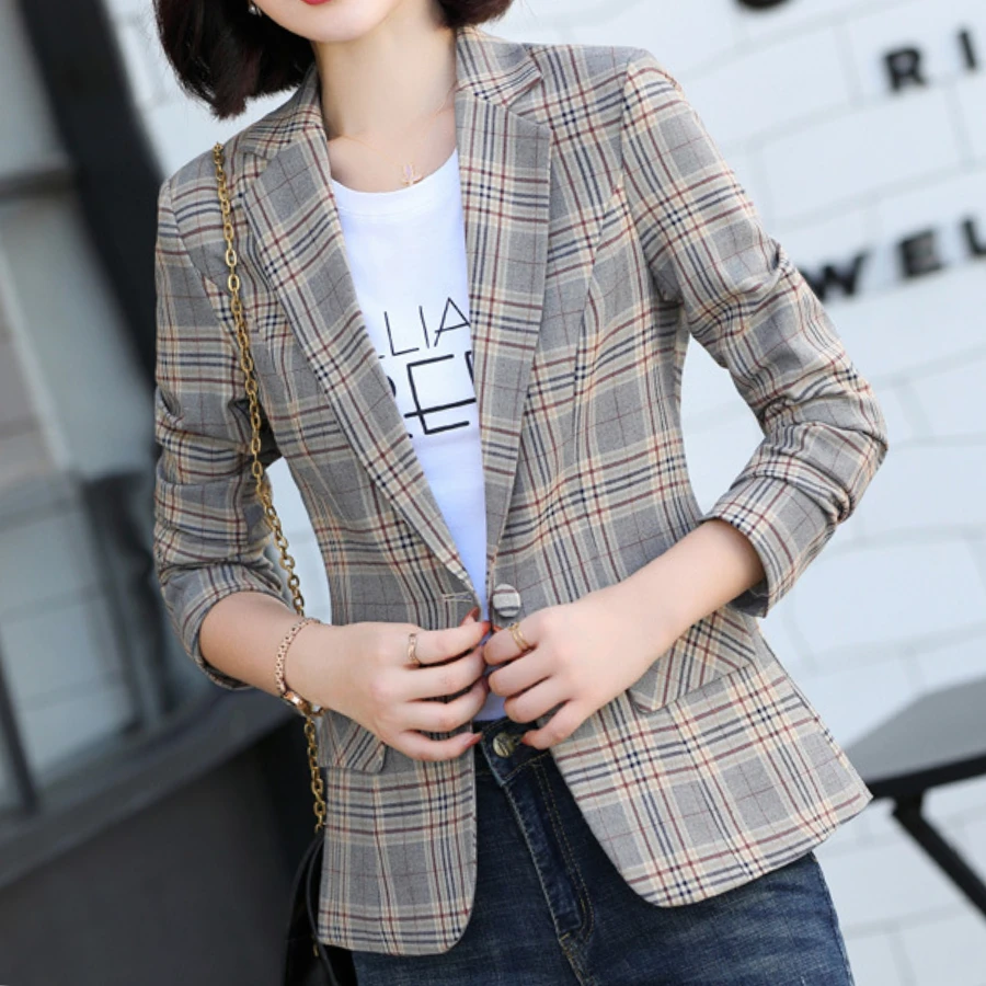 Women\'s Jacket Checkered Suit Slim Fit Blazer Suit Long Sleeved Short Top Spring Autumn Traf Official Store Store Korean Reviews