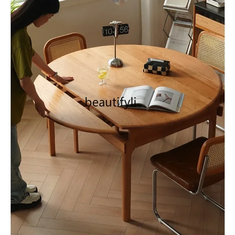 X Telescopic Nordic Cherry Wood Solid Wood Extendable Dining Table Foldable Telescopic Round Table Home Dining Table