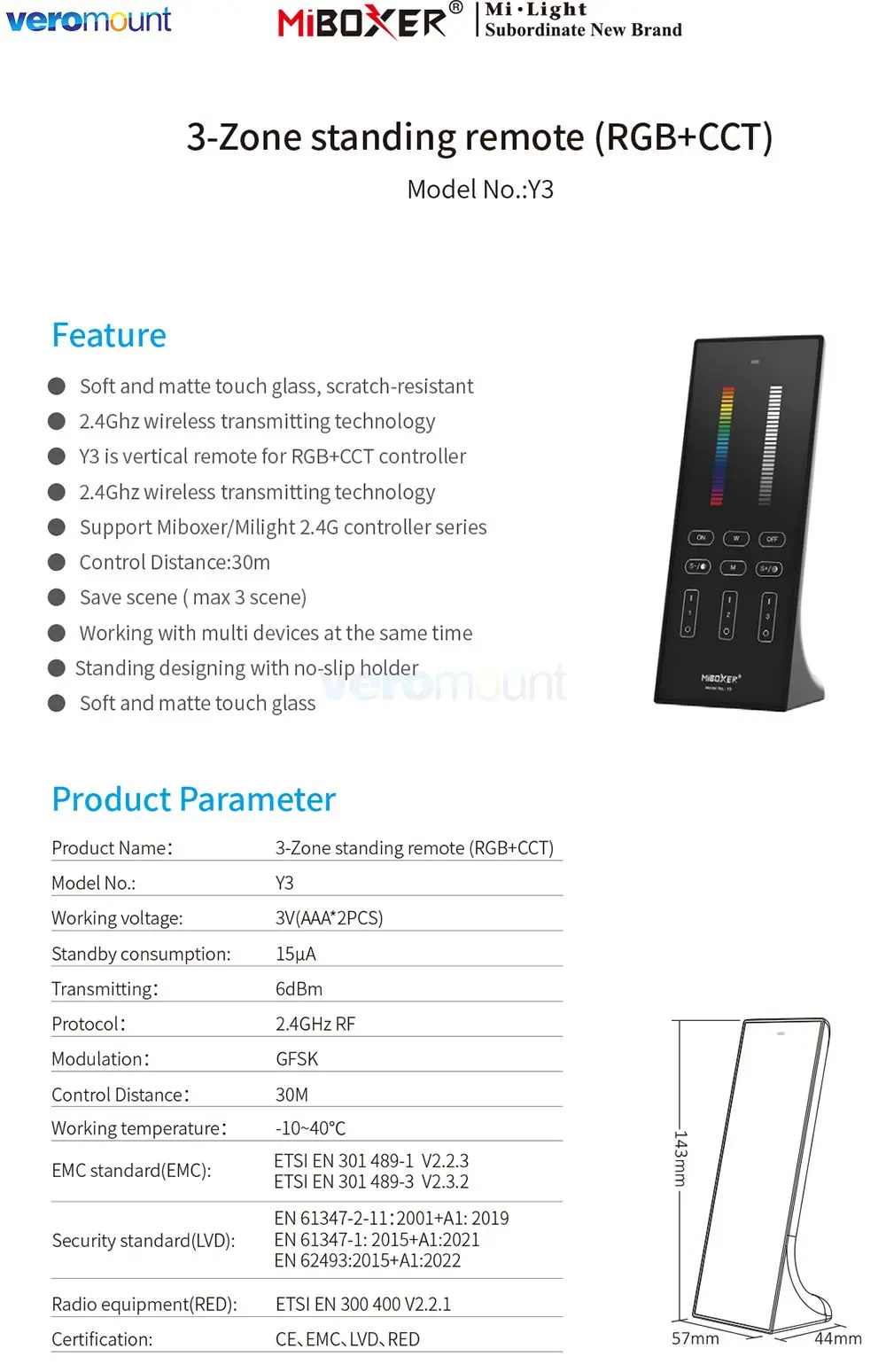 Miboxer Y3 RGB + CCT pionowy dotykowy pilot 2.4G 3V ściemniacz temperatury barwowej dla MiBoxer 2.4G RGBCCT lampy LED kontroler taśmy LED