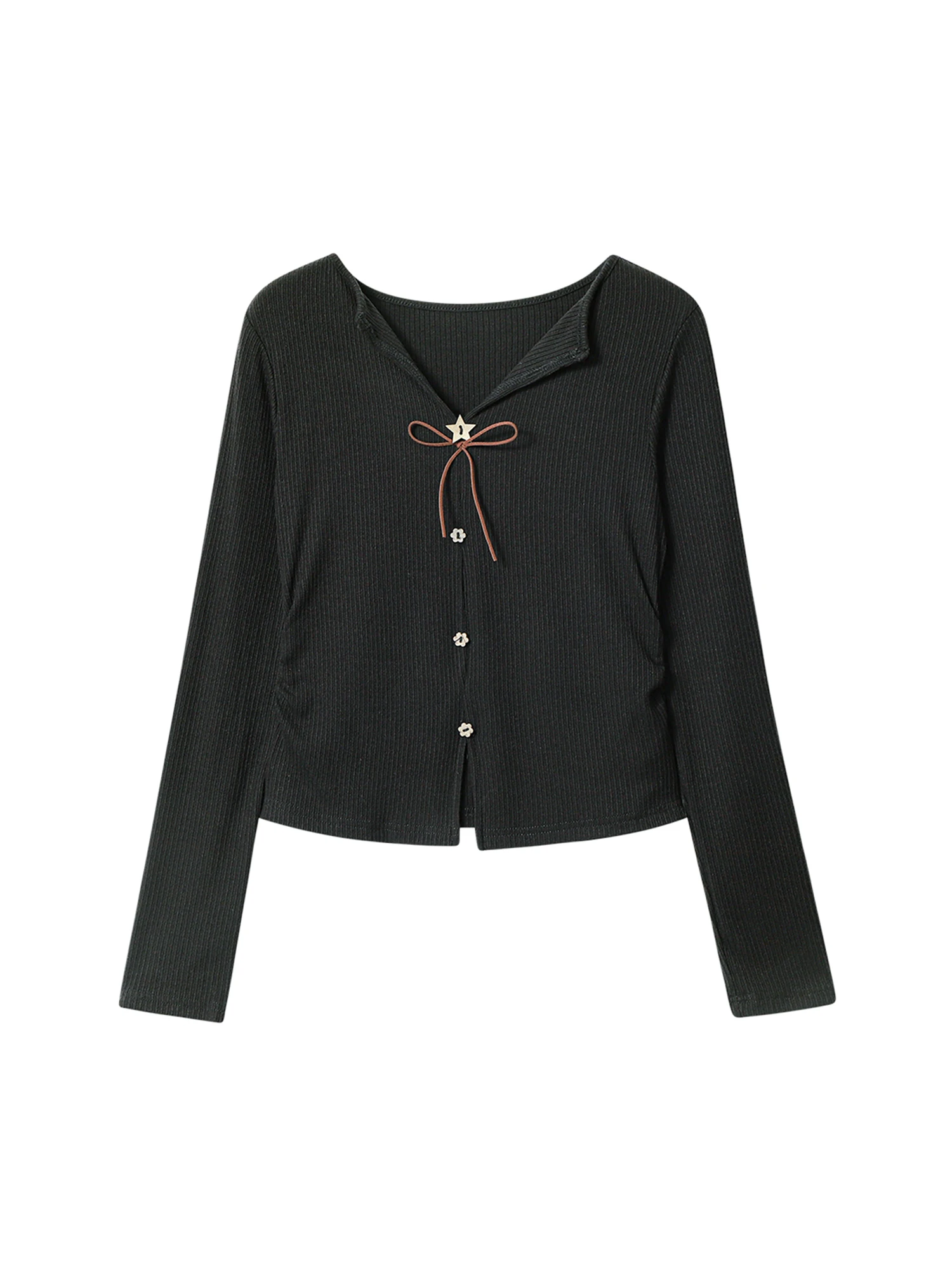 

Women Black Gothic Emo Bow T-shirt Y2k Gyaru Tee Top Vintage 90s Aesthetic Long Sleeve V-Neck T-shirts 2000s Clothes Autum 2025