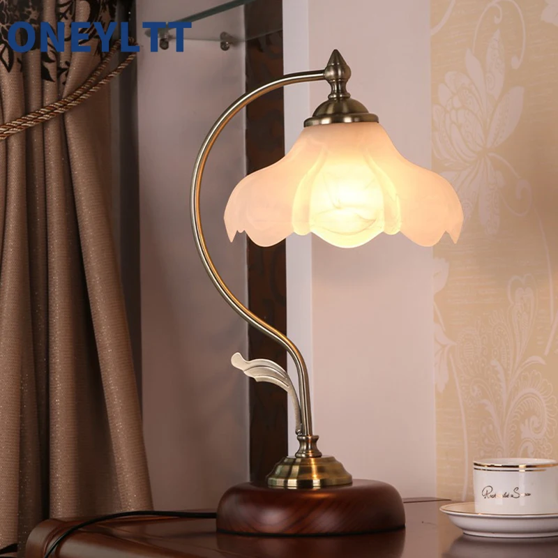 

Retro Rustic Table Lamp Vintage Lotus Glass Lampshade Handmade Wooden Base Antique Cute Desk Lamp for Bedroom Bedside Nightstand