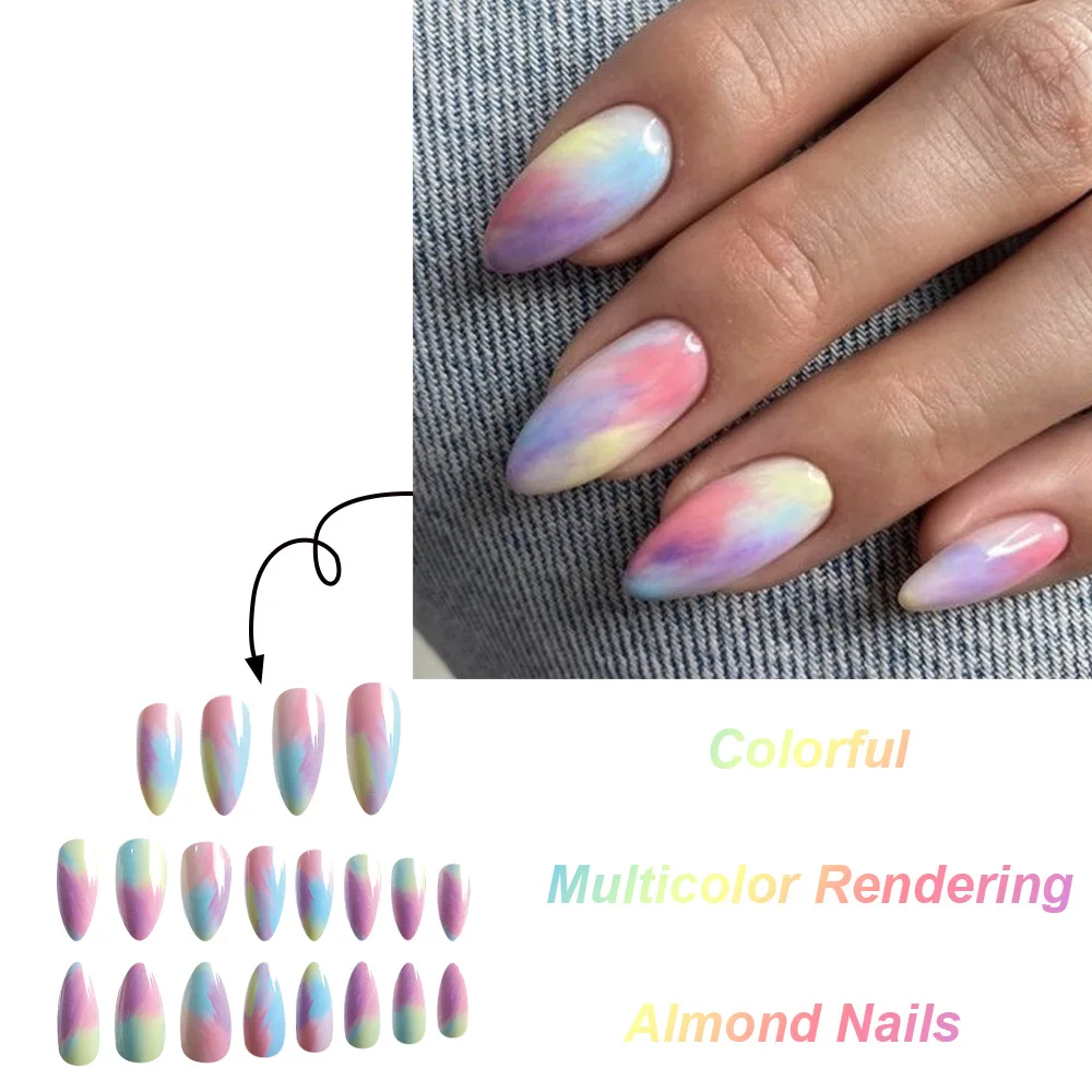 24 stks/set Eenvoudige Flase Nagels Tips Kleurrijk Ontwerp Nagel Amandel Acryl Nep Vingernagels Verwijderbare Druk op Nagels Set met Lijm