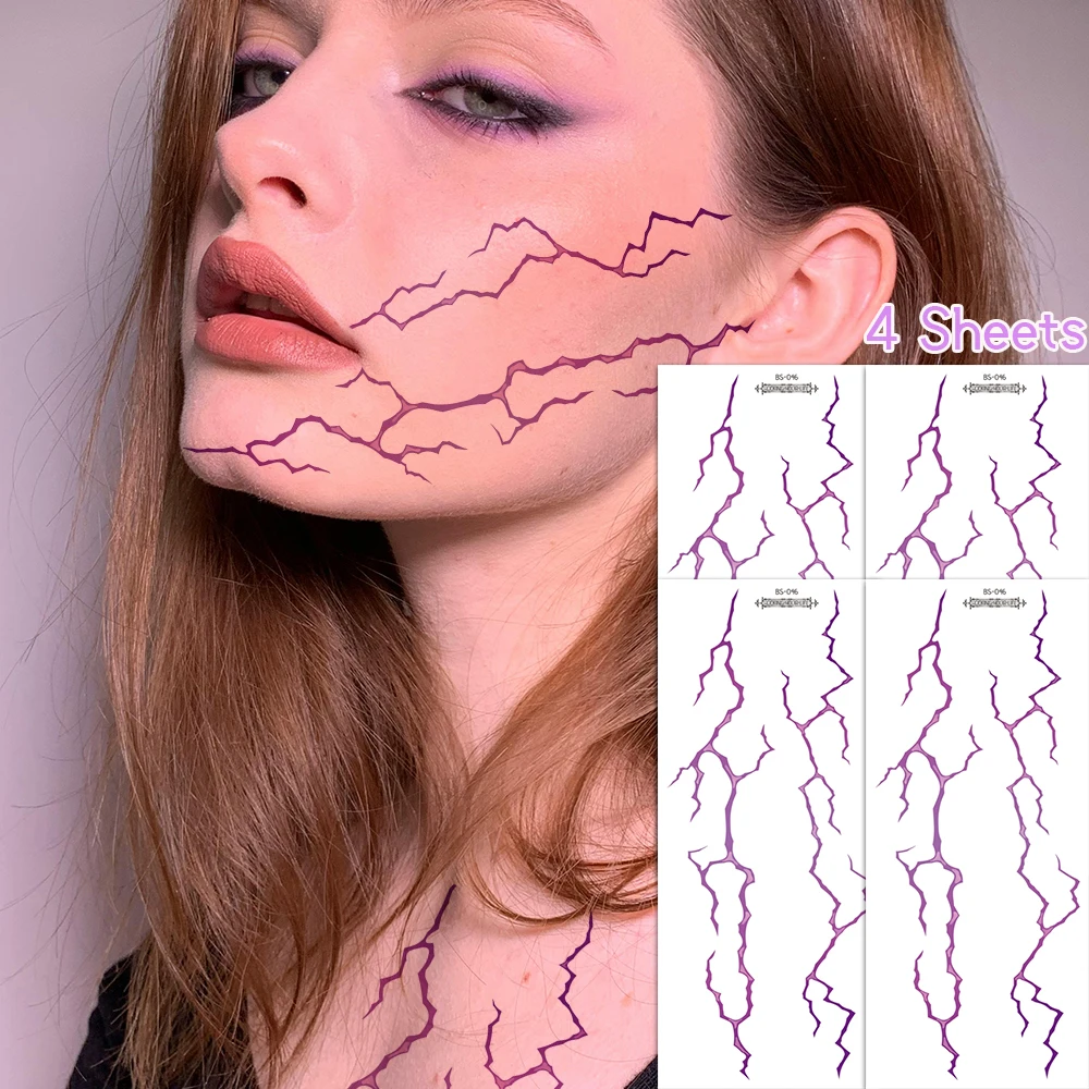

1/4 Sheets Glow in The Dark Kpop Gothic Women Tattoos -Blue Purple Lightning & Vein Body Art Waterproof Temporary Tattoo