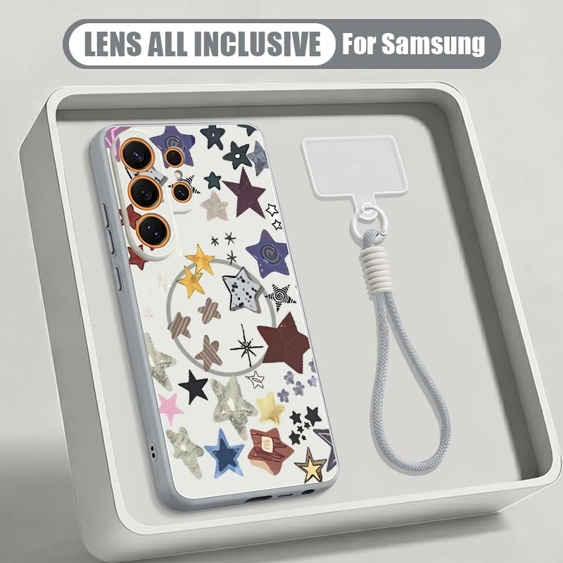 Colorful Star Pattern Magnetic Case For Samsung Galaxy S26 S25 Ultra S24 S23 FE A57 A17 A56 A37 A16 A36 A26 Wrist Lanyard Cover