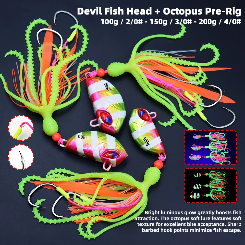 ZYZHE 1 Stück Hybrid-Jig für Meeresangeln 100/150/200G JIG mit Weichem Oktopus-Köder Salzwasser-Bootsangelköder Ideal für Tiefseeangeln – Detail 1