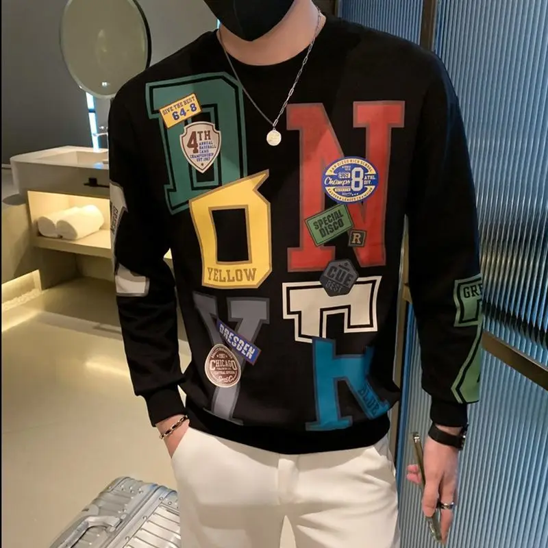 Fashion O-Neck Loose Printed Letter Sweatshirts Men\'s Clothing 2023 Autumn Winter New Oversized Korean Tops Casual Sweatshirts