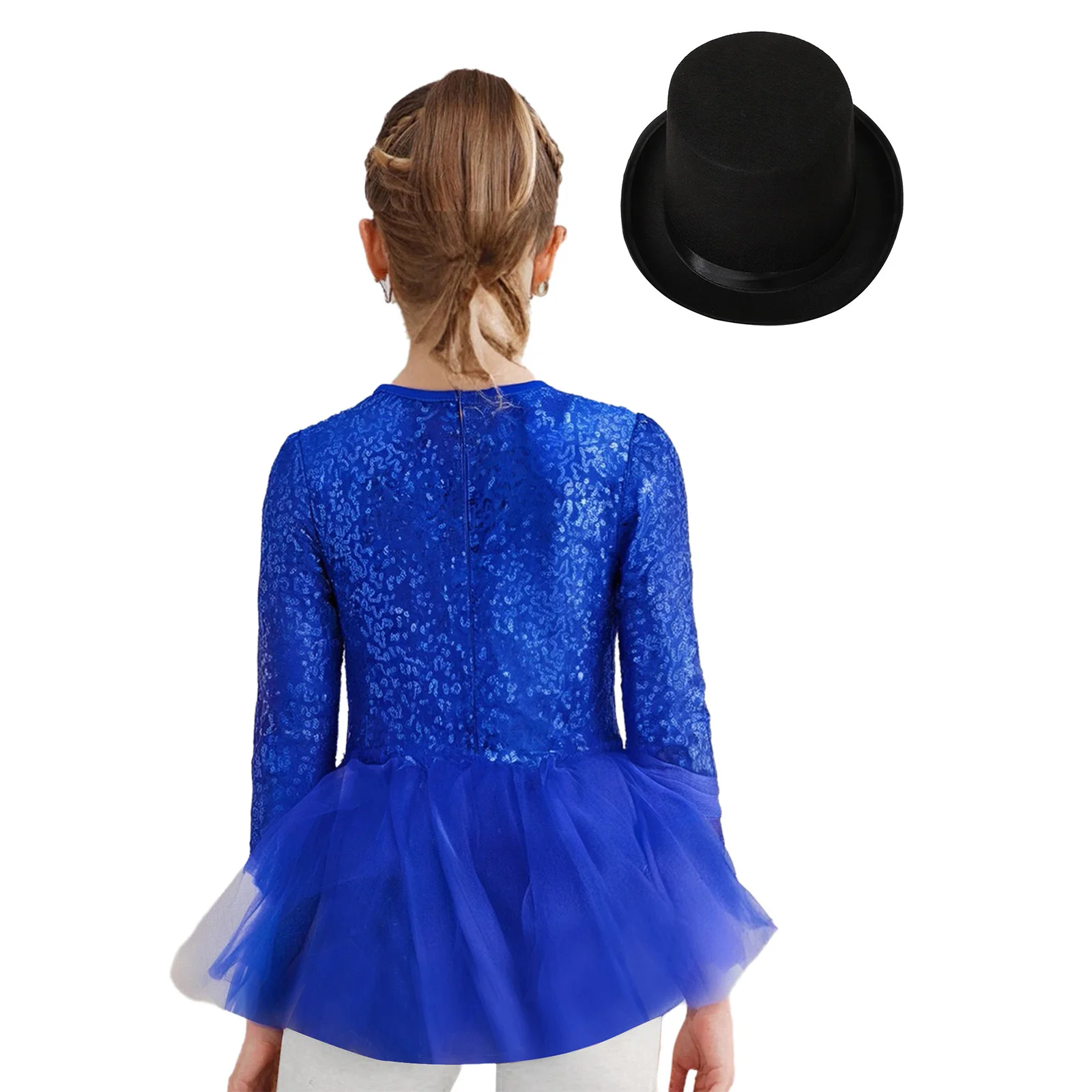 Costume da spettacolo di danza jazz per ragazze, mago di Halloween, vestito cosplay, manica lunga, corpetto con paillettes, body con gonna in tulle + set di cappelli