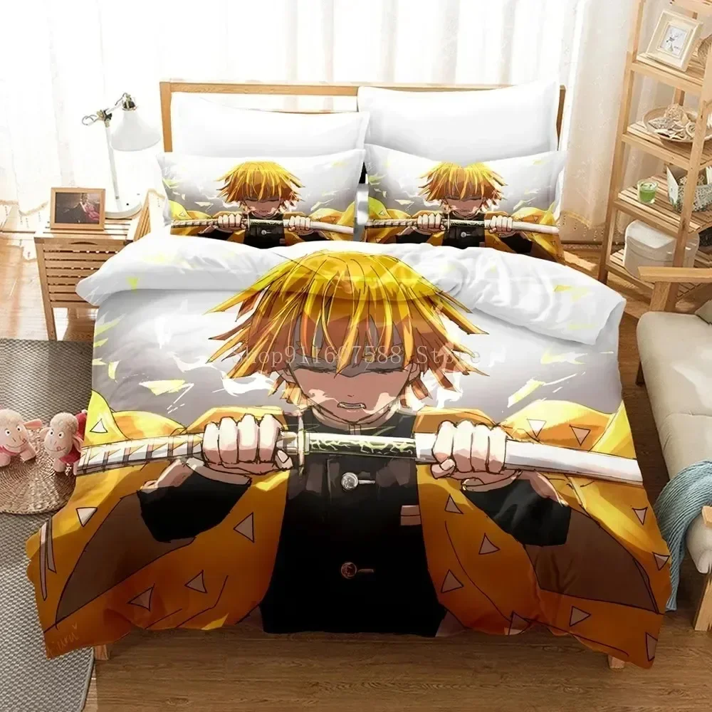 Anime Zenitsu Agatsum Demon Slayer Bedding Sets Quilt Cover Queen King Size Bed Polyester Set 3 Piece Bedspread for Teens