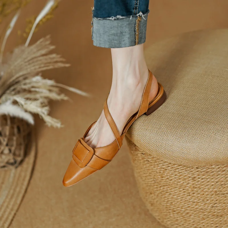 2023 Summer Heel Sandal for Women Muller Shoes Genuine Leather Slingback Elegant Thin High Heel Pointed Comfortable Woman Shoes