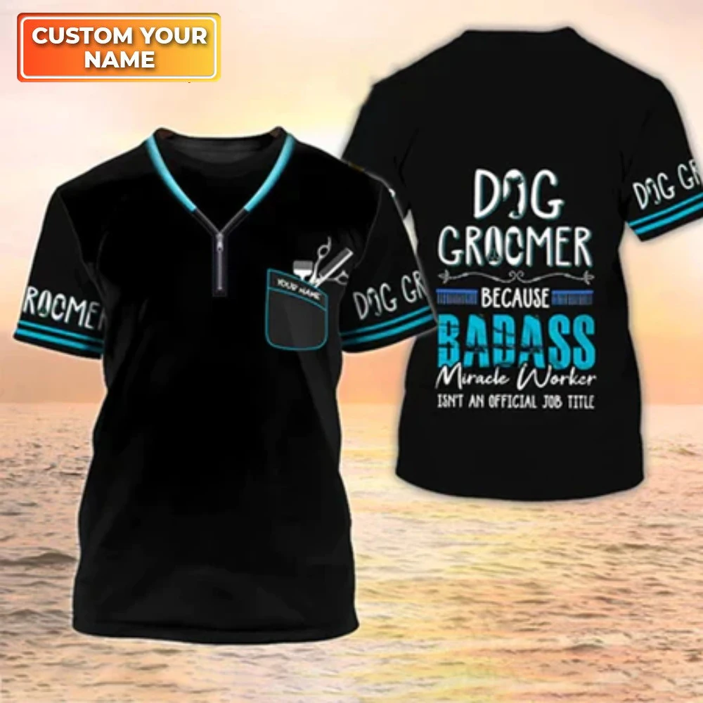 Dog Grooming Customized Name T Shirt for Men and Women Short Sleeve Tops Uniform Pet Groomer Uniform Loose Casual Tee EU XS-6XL