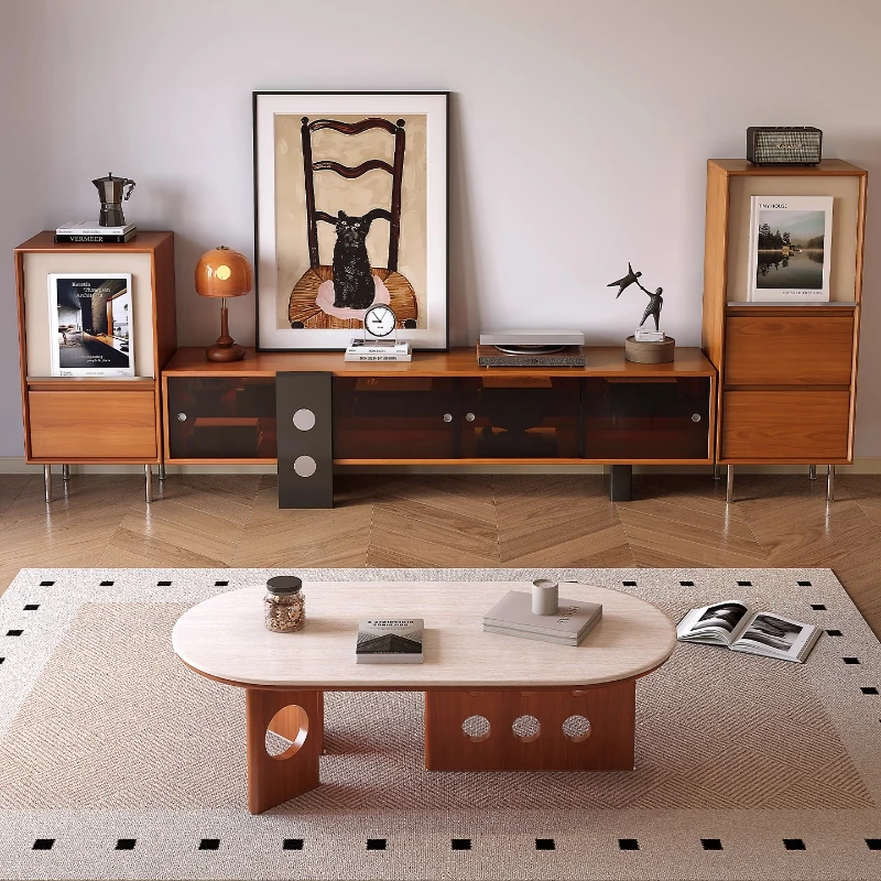 

Medieval TV cabinet coffee table combination living room home simple Nordic teak color TV cabinet solid wood