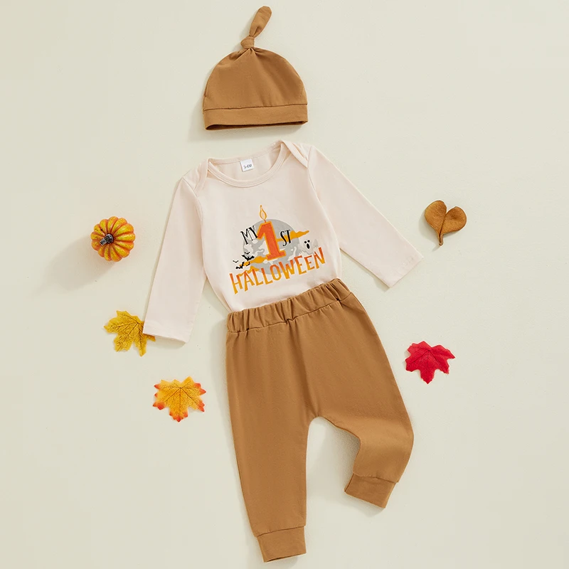 Baby Boy Girl Halloween Outfit Letter Print Pagliaccetto a maniche lunghe Pantaloni in vita elastica Cappello Set da 3 pezzi per l'autunno