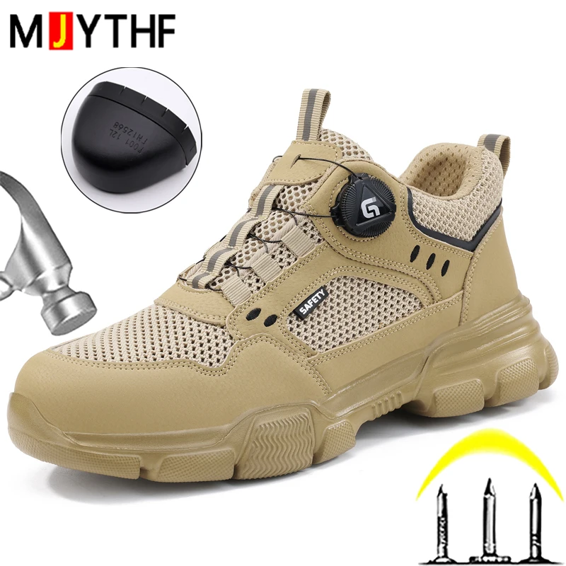 Breathable In Summer Safety Shoes Men Anti-Smash Anti Puncture Work Sneakers Steel Toe Shoes Rotating Button Protection Shoes