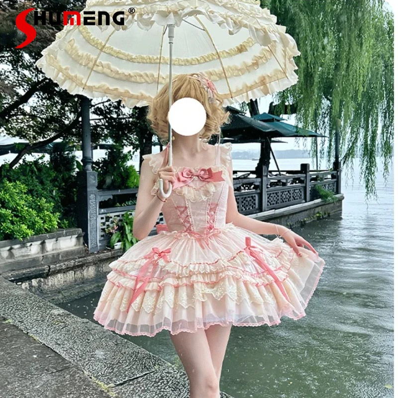 

Original Sweet Princess Style Pink Sling Dress JSK Japanese Girls Cute Bow Lace Lolita Dress Woman's Daily Sleeveless Mini Dress