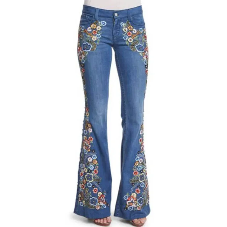 Modieuze geborduurde slim-fit gewassen uitlopende jeans. Dames Four Seasons nieuwe stijl intellectuele wind casual jeans met middelhoge taille