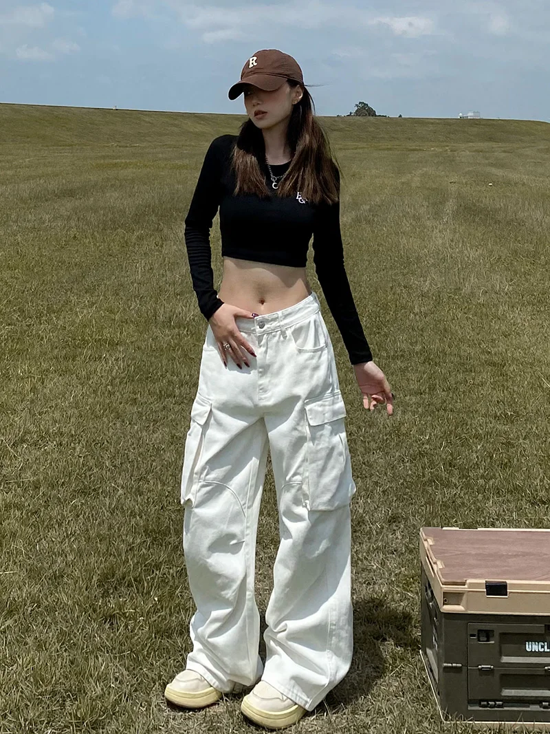 American Retro Pleated White Multi Pocket Work Pants Loose Straight Leg Long Trousers for Men And Women Street Style High Waist