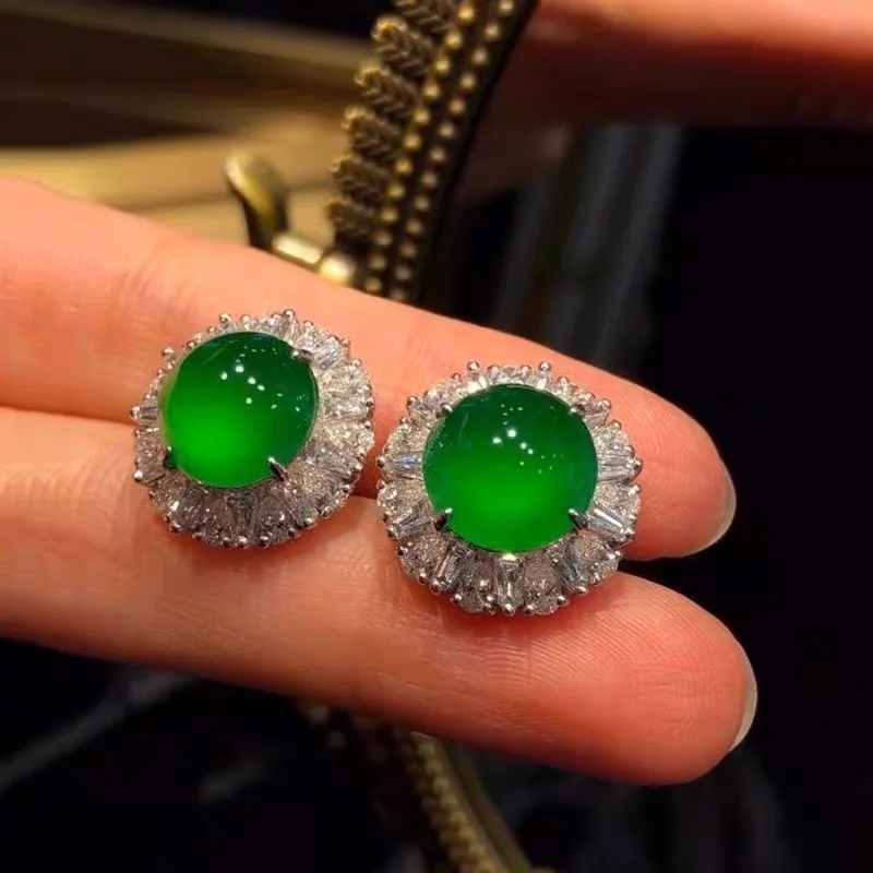 

A03 Classic Elegant Green Jade Stone Earrings with Crystal Diamond 925 Silver