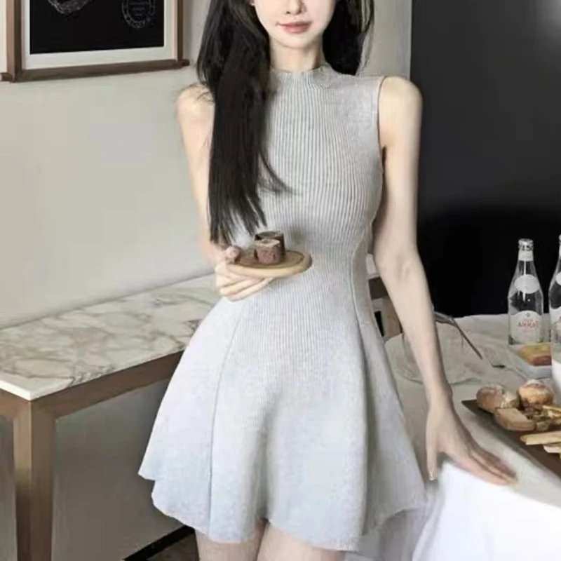 

Sleeveless A-line Sundress Knitted Tank Top Female Dress Summer Slim Thin Temperament Girls Gentle Wind Sweet Cute Clothing