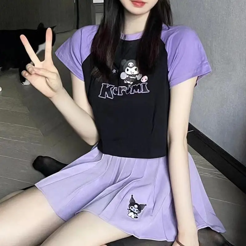 Cute Cartoon Purple Kuromi Contrast Color Design Summer Round Neck T-Shirt Slim Fit Short Style Show Your Waist for Girl