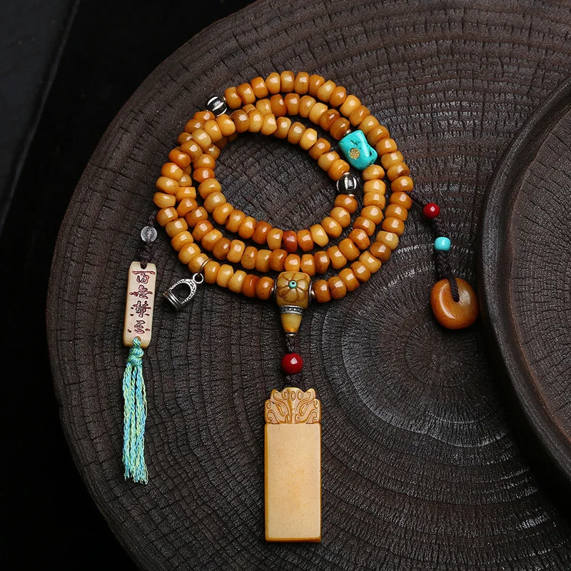 

Tibetan-Style Reclaimed Bone Large Intestine Bead 108-Bead Prayer Bead Necklace Old Bone Carved Pixiu Amulet Pendant Accessory