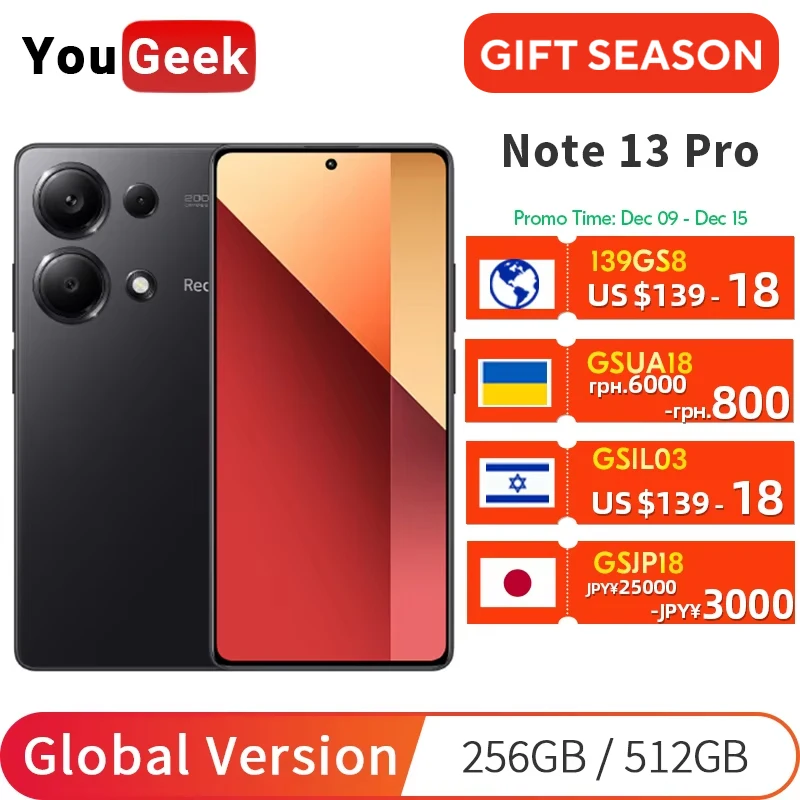 Global Version Xiaomi Redmi Note 13 Pro 4G 256GB/512GB 200MP Main Camera 120Hz AMOLED Display 67W Turbo Charging Mobile Phone