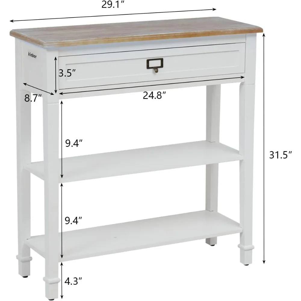 Mesa de console branca com gaveta e prateleira, mesa de sofá de madeira com armazenamento para entrada, corredor, sala de estar