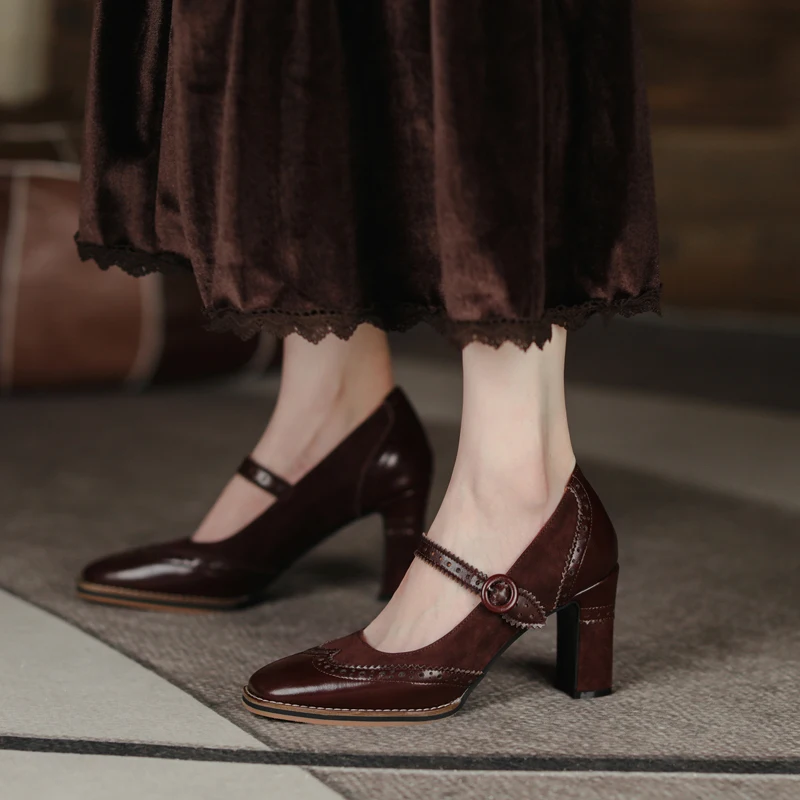 2021 New Spring Autumn Retro Mary Janes Shoes Woman Fashion Fretwork Bullock Women\'s Pumps Casual Shallow Shoes Heels for Women