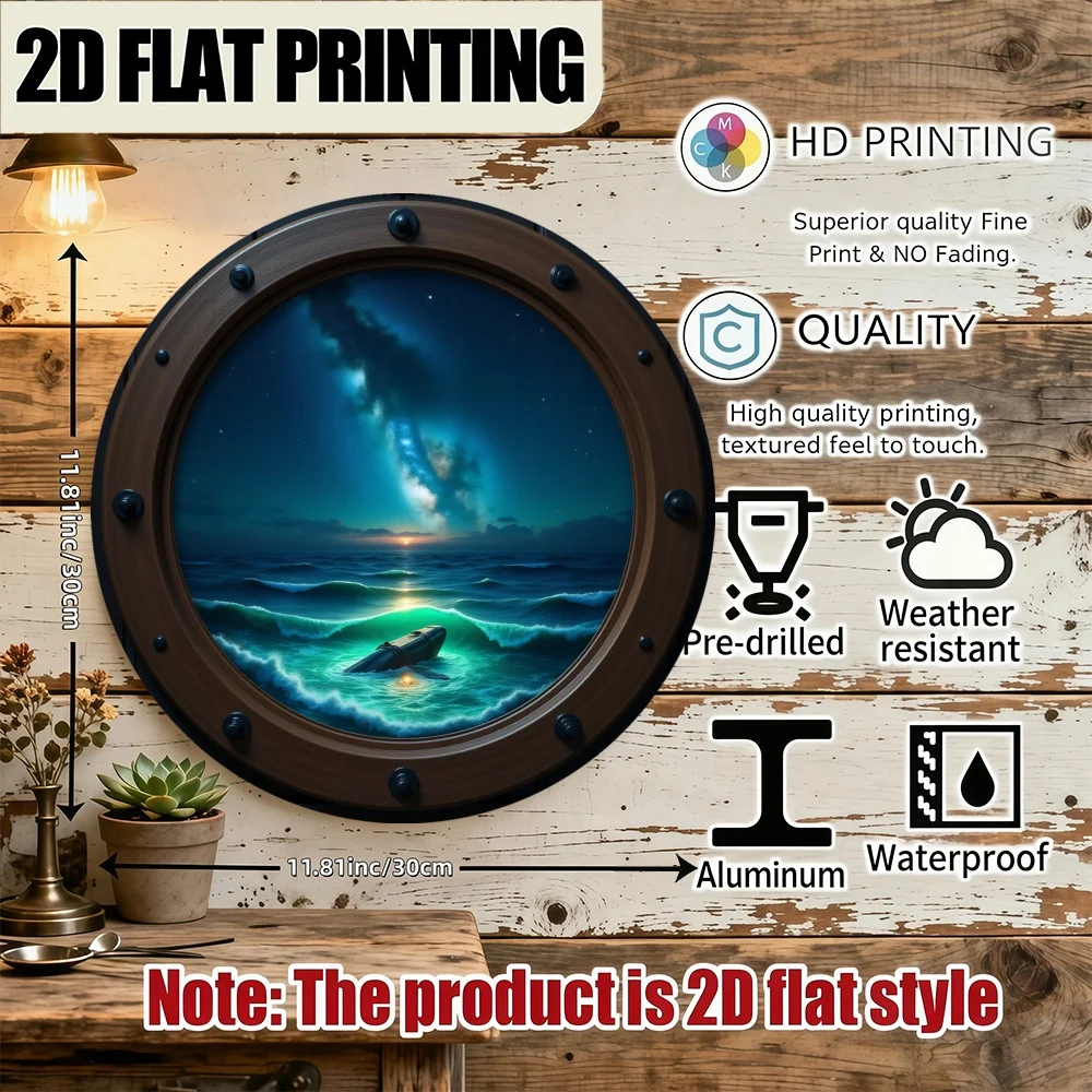 2D Retro Metal Sign Round Wall Decor Nautical Night Ocean Scene Bar Cafe Club Kitchen Art