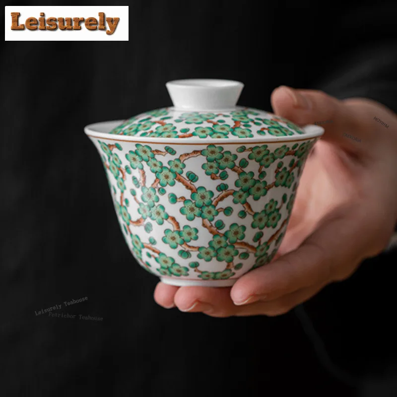 HOYIHM 150ml Ancient Colour Green Plum Gaiwan Traditional Tea Tureen Tea Bowl With Lid Kit Tea Brewing Cover Bowl Tea Collection