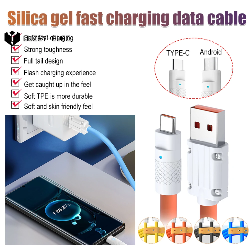 USB Fast Charging Data Cable Micro USB/Type C Port Phone Charger Cable Compatible with Android Liquid Silicon Fast USB Charging