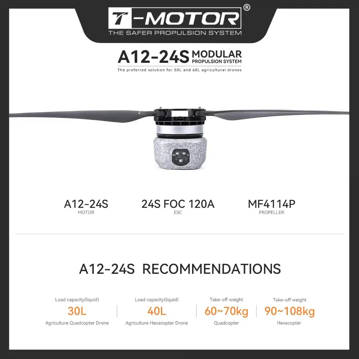 

T-MOTOR A12-24S-KV50 Brushless Dc Motor High Performance Max.Thrust 35.6kg for Rc Helicopter Drone Motor for Agriculture Drone